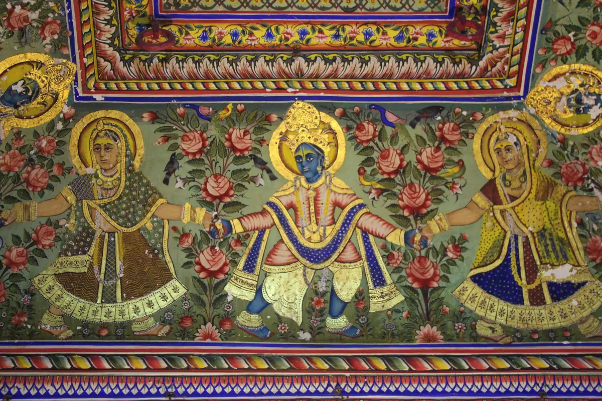 Colourful ceiling fresco of Krishna with gopis in a Shekhawati haveli